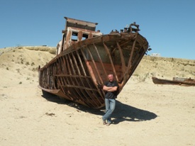 Rusty ships in the former Aral Sea bed