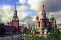 Moscow - Spasskaya Tower and St.Basil's Cathedral, Red square in the back behind the Cathedral